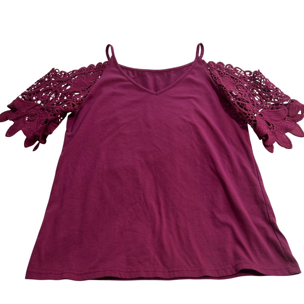 Berry Magenta Cold Shoulder Crochet Lace Butterfly Sleeve V-Neck Top Medium
